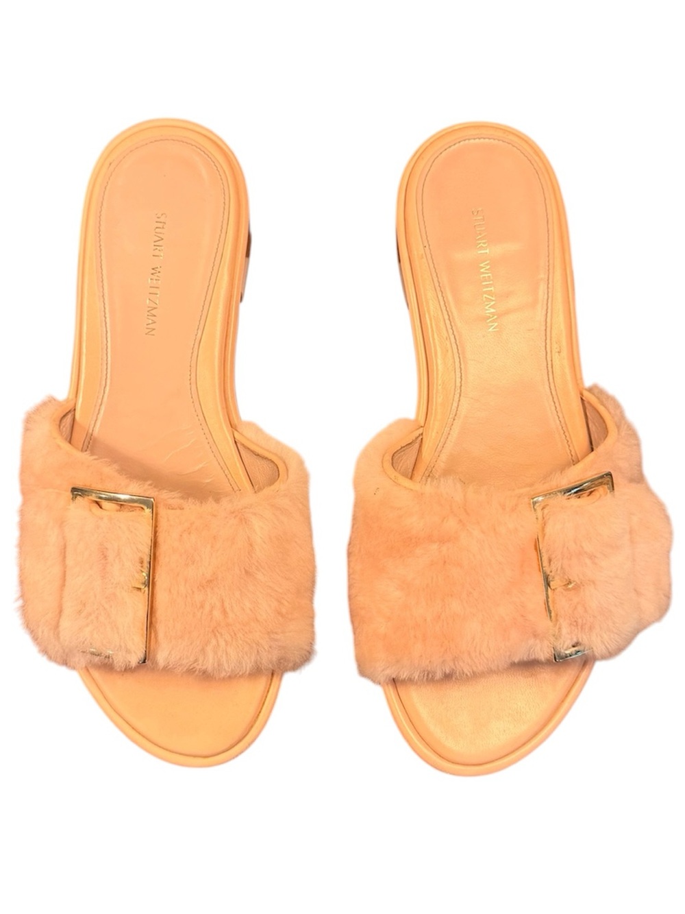Stuart Weitzman Fuzzywuz Peach Fur Buckle Leather Slide Mules Size 6.5 MSRP $398